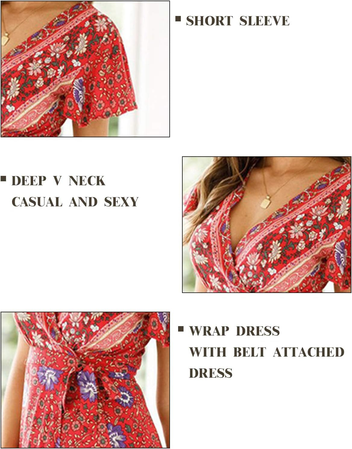 Women Boho Dress Summer Bohemian Wrap Dresses Floral V-Neck Short Sleeve Beach Mini Dress S-XL