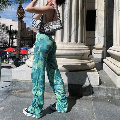 Y2K Pants for Women-Tiedye Printed High Waisted Flare Bell Wide Bottom Trousers Boho Green L