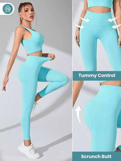 Women’S Workout Sets 2 Piece - Seamless Yoga Leggings and Cross-Strap Sports Bra Gym Outfits Activewear Matching Set