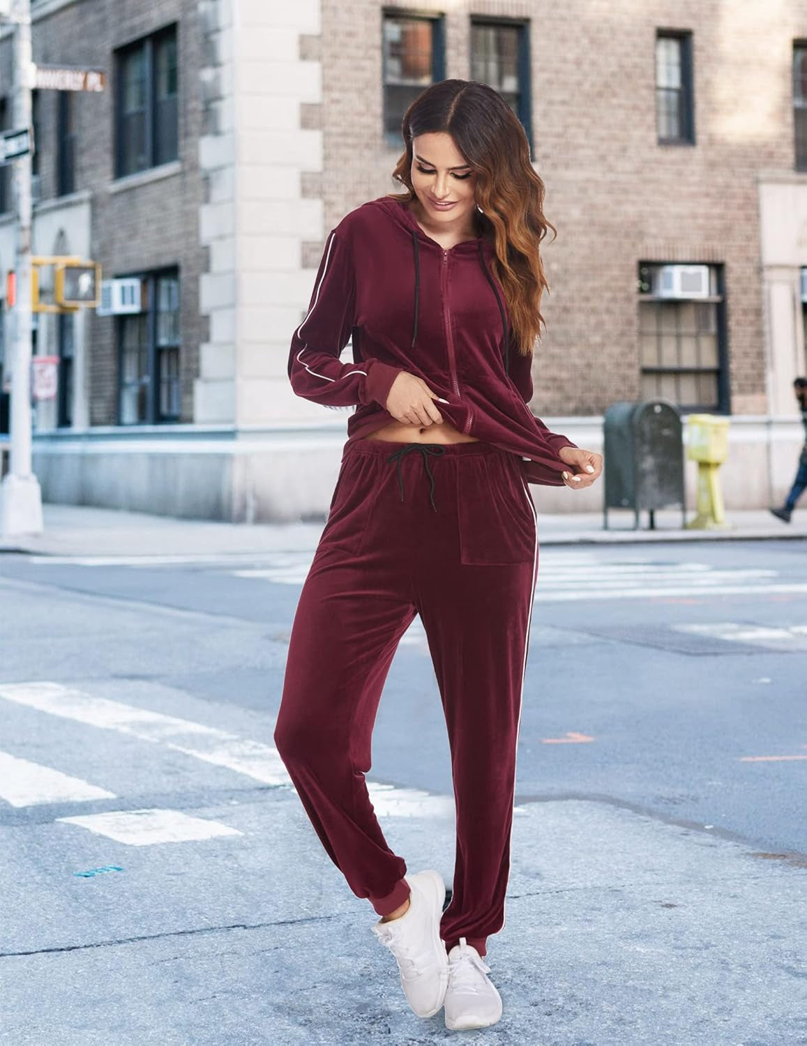 Women'S Velour Tracksuit Sets Active Top & Bottom Sets Casaul Hoodie Jogger Pants Tracksuit Red XL