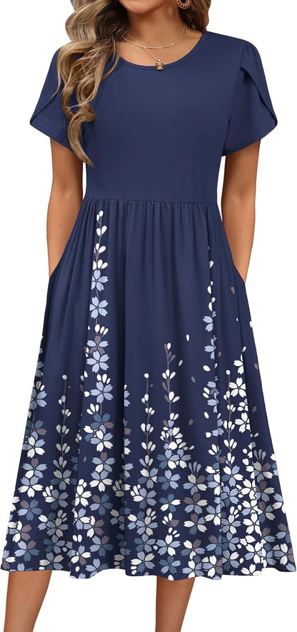 Women'S Summer A-Line Midi Dresses 2026 Casual Floral Short Sleeve T-Shirt Dress Flowy Beach Sundress with Pockets
