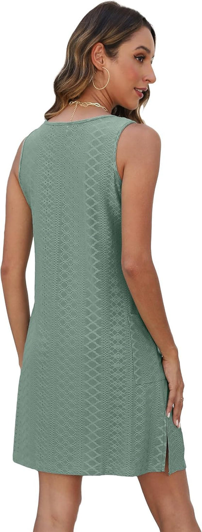 Coverup Summer Dresses for Women 2026 Eyelet Casual Loose Sleeveless Sundresses Tank Dresses with Pockets