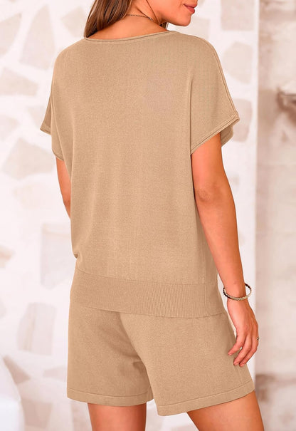 Two Piece Set for Women Summer Lounge Sets Shorts and Short Sleeve Tops Knitted Matching Travel Vacation Outfits