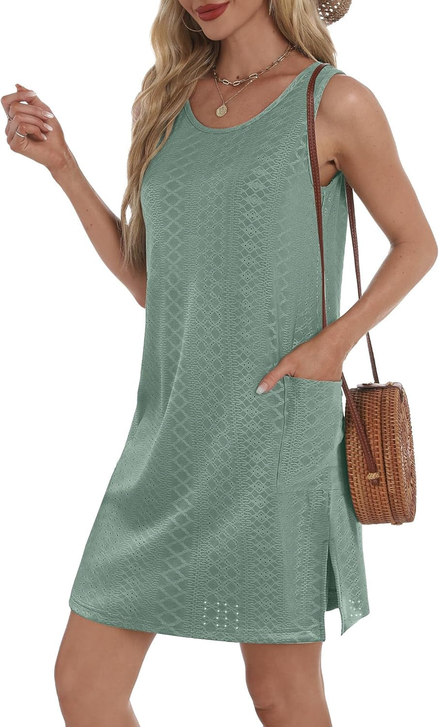 Coverup Summer Dresses for Women 2026 Eyelet Casual Loose Sleeveless Sundresses Tank Dresses with Pockets