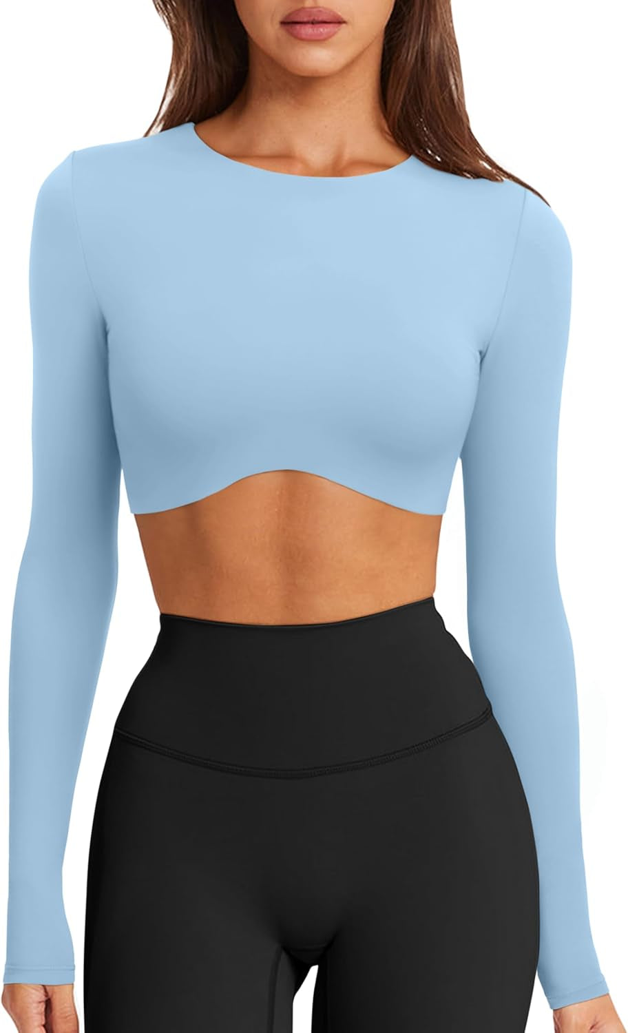 Womens Sexy Double Lined Long Sleeve Shirts Crewneck Workout Tops Athletic Yoga Shirts Going Out Crop Tops