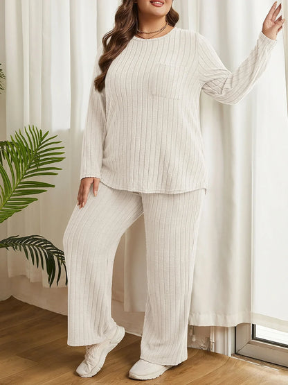 Womens plus Size Two Piece Lounge Sets Long Sleeve Wide Leg Pants Homewear Pajamas Set with Pocket (1X-5X)
