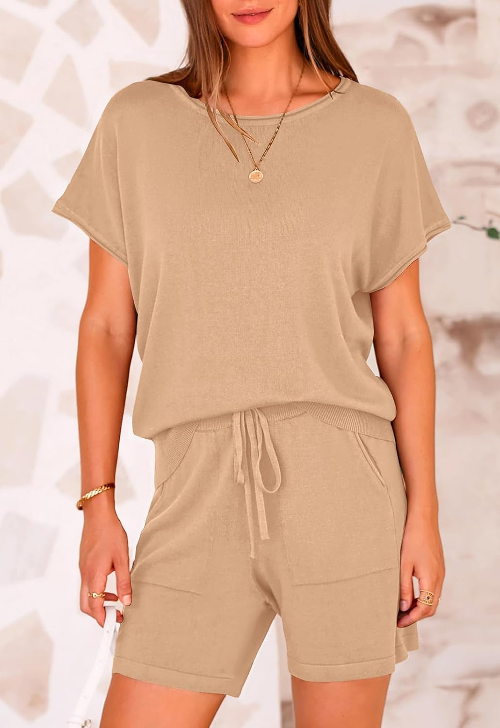 Two Piece Set for Women Summer Lounge Sets Shorts and Short Sleeve Tops Knitted Matching Travel Vacation Outfits