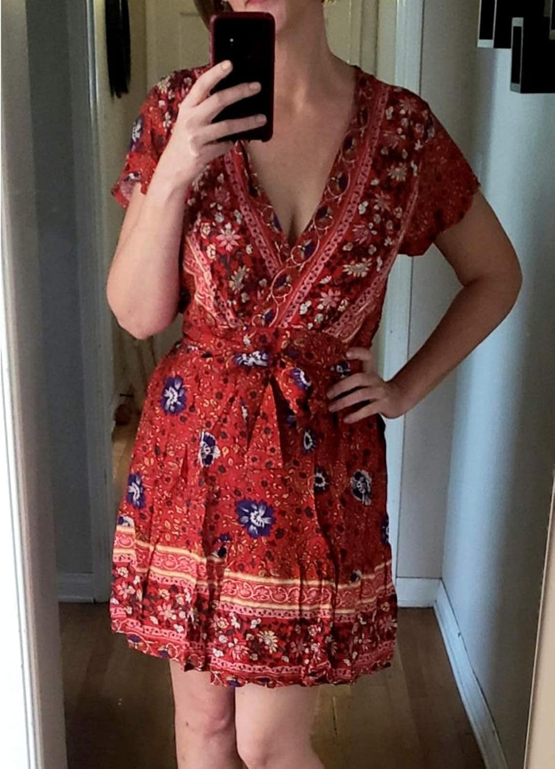 Women Boho Dress Summer Bohemian Wrap Dresses Floral V-Neck Short Sleeve Beach Mini Dress S-XL
