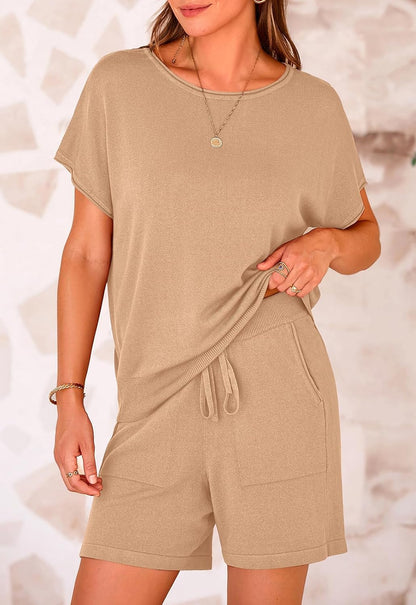 Two Piece Set for Women Summer Lounge Sets Shorts and Short Sleeve Tops Knitted Matching Travel Vacation Outfits