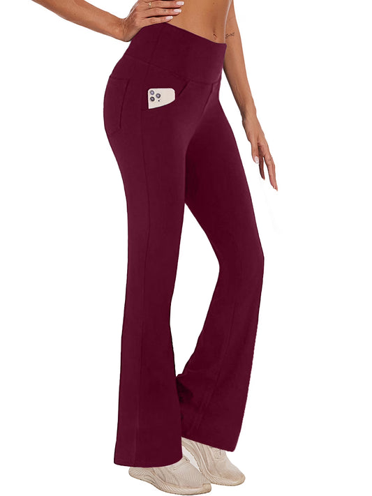 Womens Bootcut Yoga Pants Flare Legging with Pockets High Waist Lightweight Bottoms Workout Activewear Dark Red 2XL