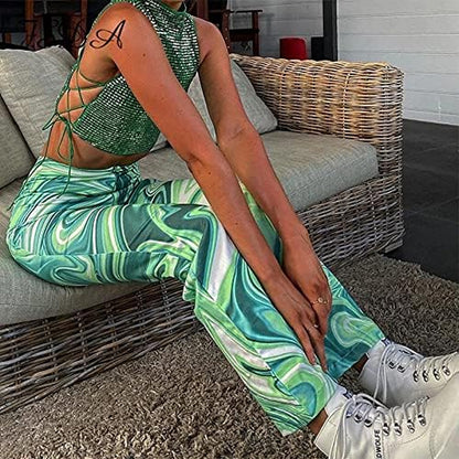 Y2K Pants for Women-Tiedye Printed High Waisted Flare Bell Wide Bottom Trousers Boho Green L