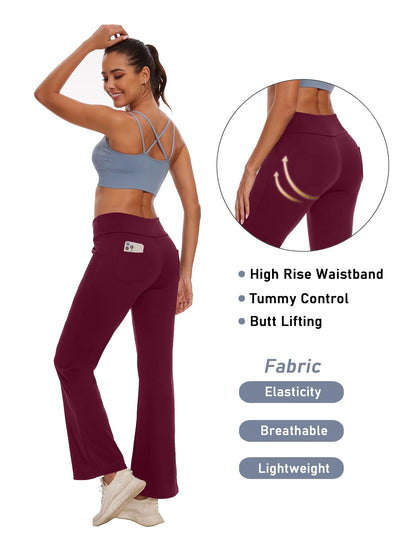 Womens Bootcut Yoga Pants Flare Legging with Pockets High Waist Lightweight Bottoms Workout Activewear Dark Red 2XL