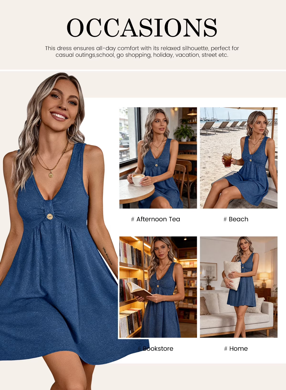 Women'S Sleeveless V Neck Dress Casual Button a Line Flare Dresses with Pockets Summer Loose Fit Soft Dresses