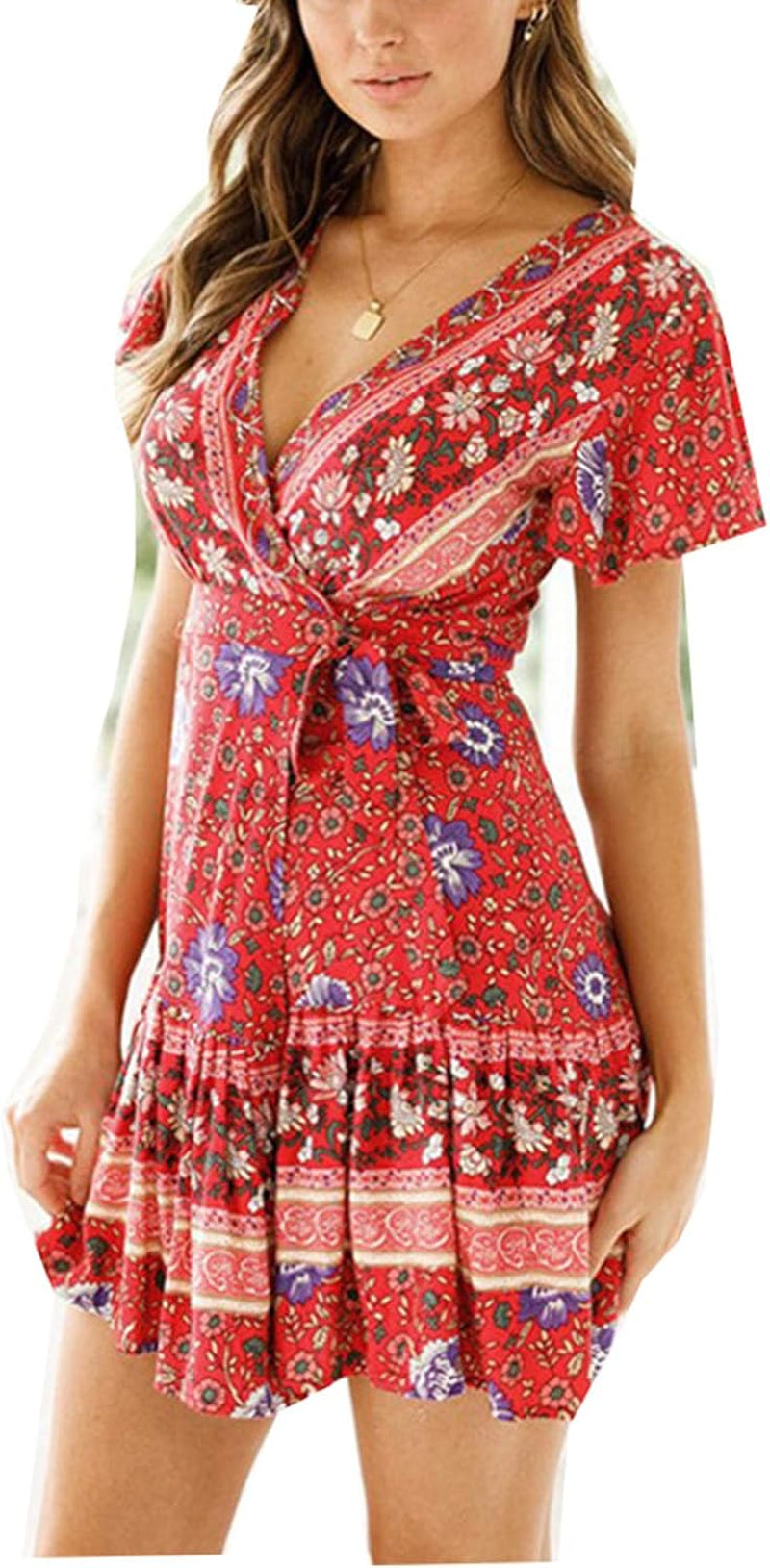 Women Boho Dress Summer Bohemian Wrap Dresses Floral V-Neck Short Sleeve Beach Mini Dress S-XL
