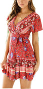 Women Boho Dress Summer Bohemian Wrap Dresses Floral V-Neck Short Sleeve Beach Mini Dress S-XL