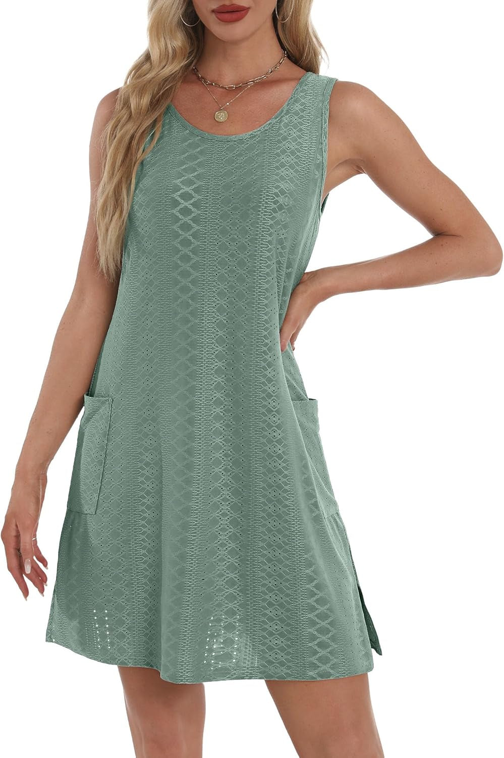 Coverup Summer Dresses for Women 2026 Eyelet Casual Loose Sleeveless Sundresses Tank Dresses with Pockets