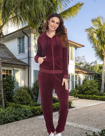Women'S Velour Tracksuit Sets Active Top & Bottom Sets Casaul Hoodie Jogger Pants Tracksuit Red XL