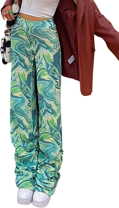 Y2K Pants for Women-Tiedye Printed High Waisted Flare Bell Wide Bottom Trousers Boho Green L