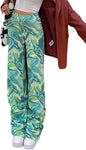 Y2K Pants for Women-Tiedye Printed High Waisted Flare Bell Wide Bottom Trousers Boho Green L