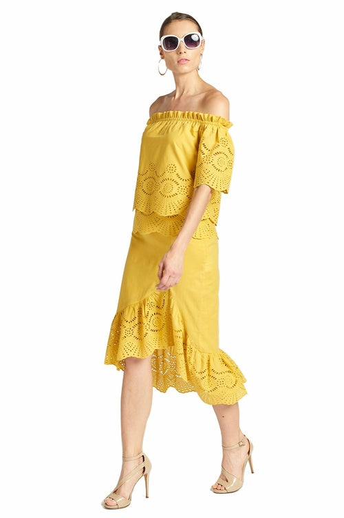 Aster Skirt - Cotton eyelet asymmetric hi-lo skirt marigold