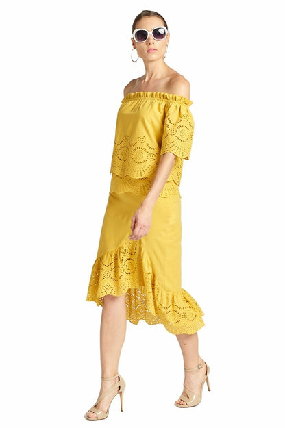 Aster Skirt - Cotton eyelet asymmetric hi-lo skirt marigold