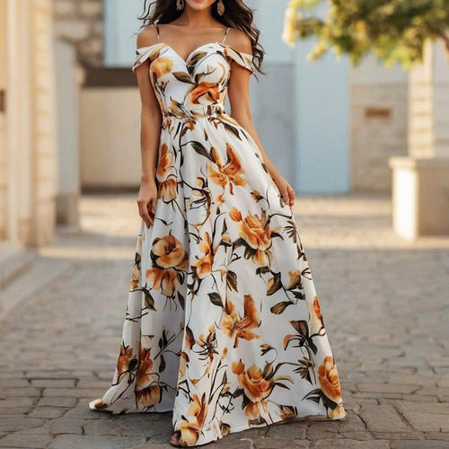 Women's Floral Maxi Cami Dress – Sexy V-Neck Ruched Sling Dress for Summer