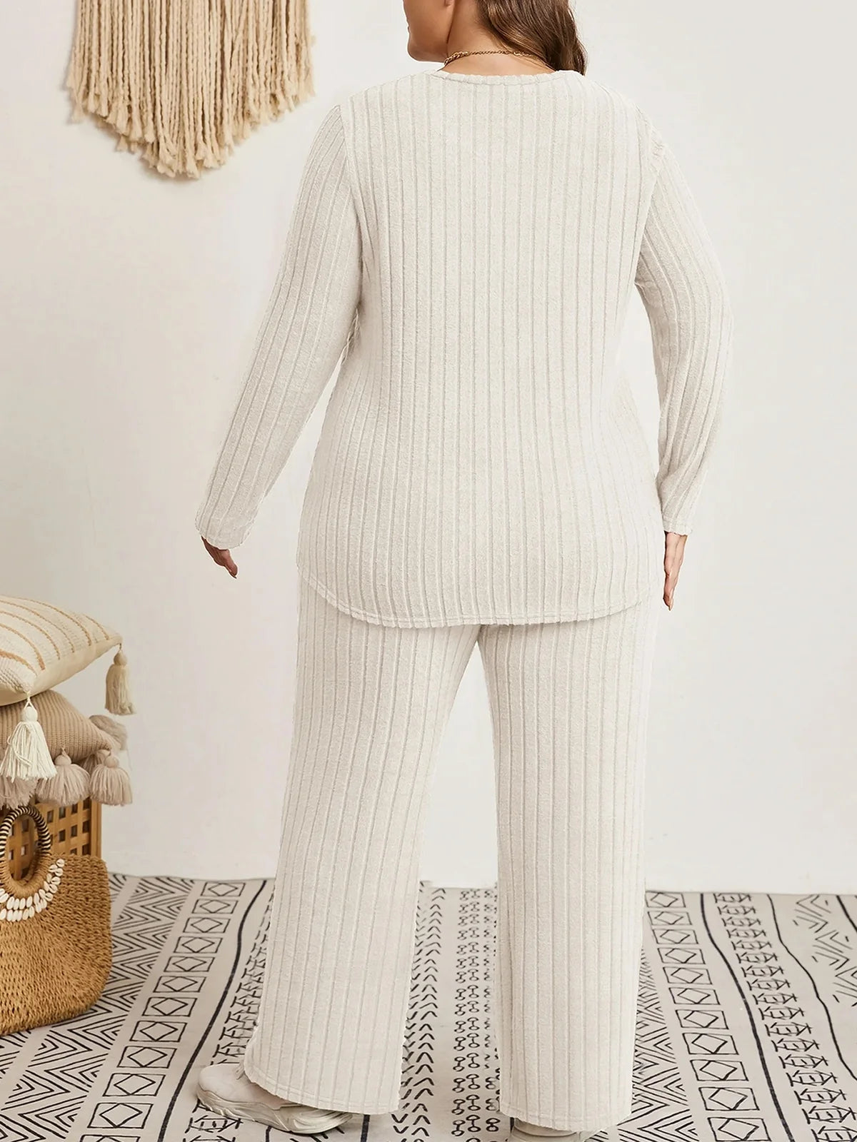 Womens plus Size Two Piece Lounge Sets Long Sleeve Wide Leg Pants Homewear Pajamas Set with Pocket (1X-5X)