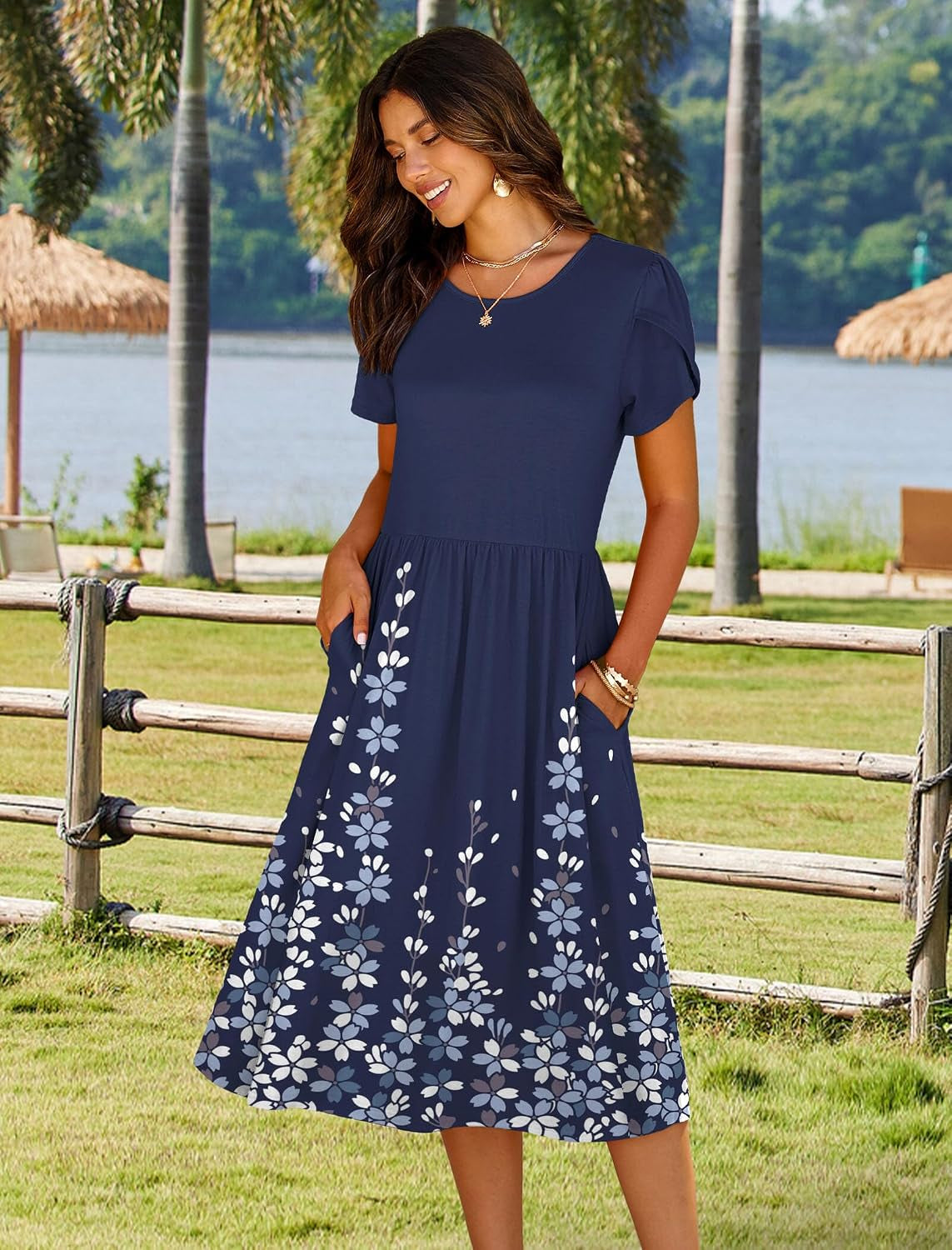 Women'S Summer A-Line Midi Dresses 2026 Casual Floral Short Sleeve T-Shirt Dress Flowy Beach Sundress with Pockets