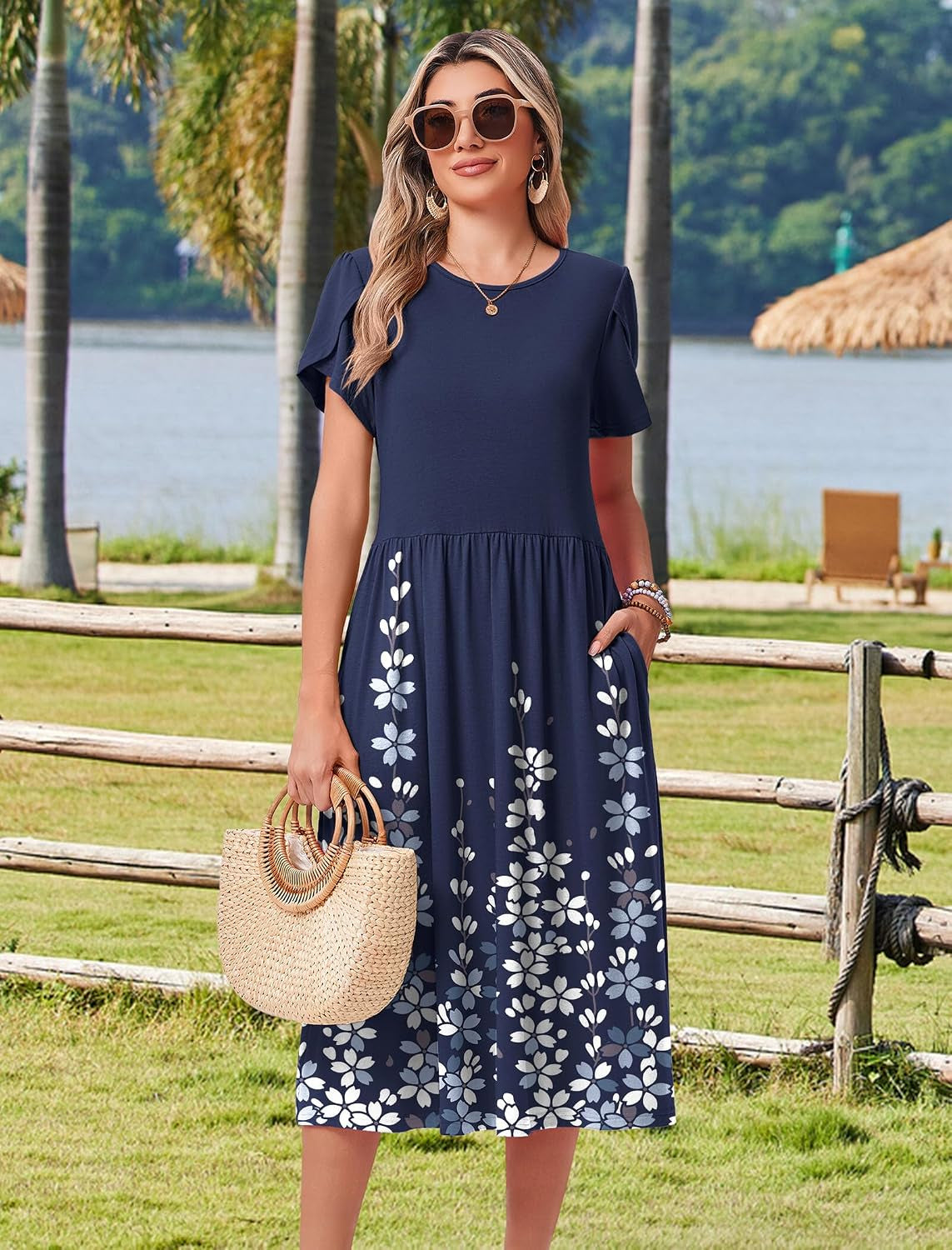Women'S Summer A-Line Midi Dresses 2026 Casual Floral Short Sleeve T-Shirt Dress Flowy Beach Sundress with Pockets