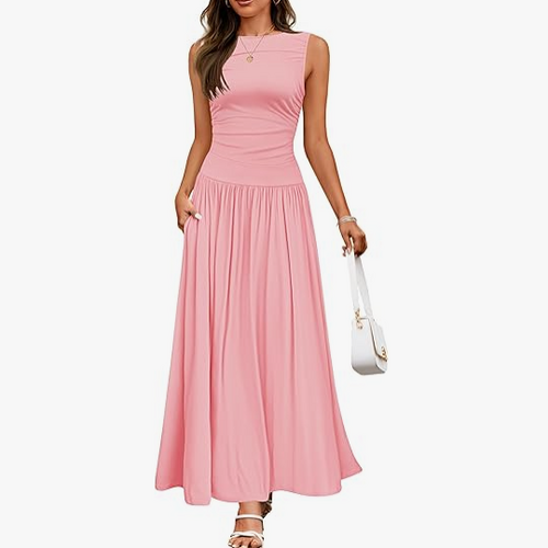 Breezy Days – Sleeveless Pleated Maxi Dress with Round Neck