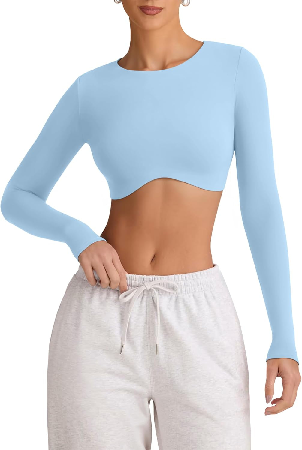 Womens Sexy Double Lined Long Sleeve Shirts Crewneck Workout Tops Athletic Yoga Shirts Going Out Crop Tops