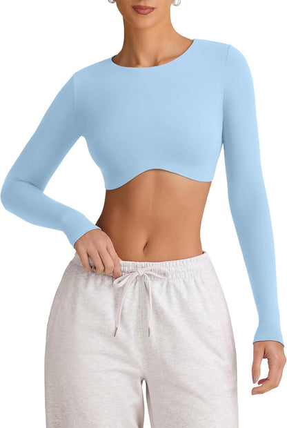 Womens Sexy Double Lined Long Sleeve Shirts Crewneck Workout Tops Athletic Yoga Shirts Going Out Crop Tops