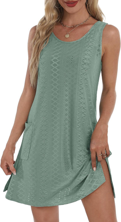 Coverup Summer Dresses for Women 2026 Eyelet Casual Loose Sleeveless Sundresses Tank Dresses with Pockets