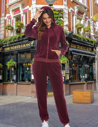 Women'S Velour Tracksuit Sets Active Top & Bottom Sets Casaul Hoodie Jogger Pants Tracksuit Red XL