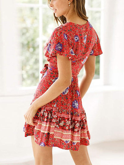Women Boho Dress Summer Bohemian Wrap Dresses Floral V-Neck Short Sleeve Beach Mini Dress S-XL