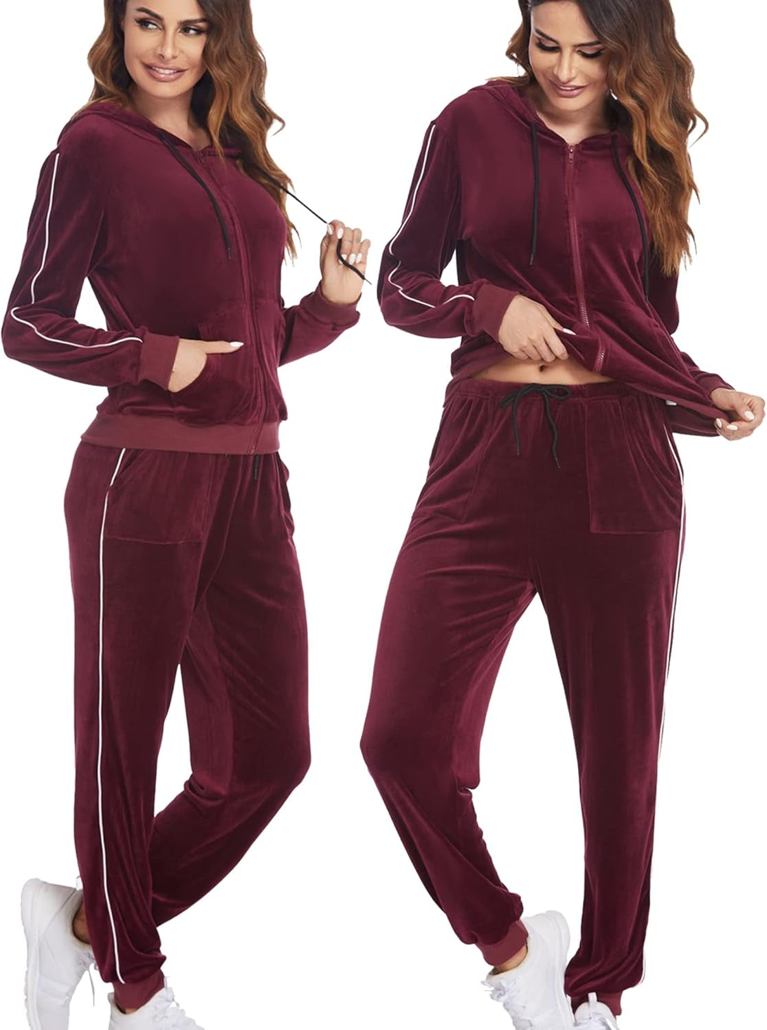 Women'S Velour Tracksuit Sets Active Top & Bottom Sets Casaul Hoodie Jogger Pants Tracksuit Red XL