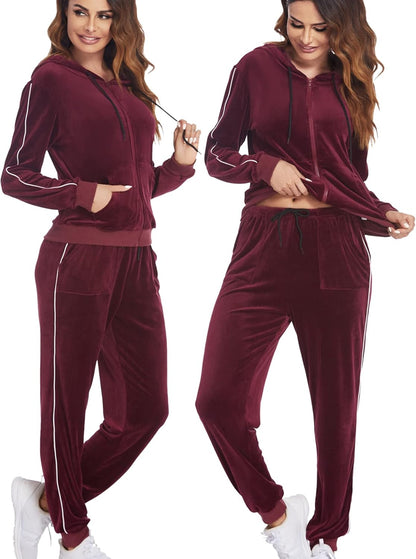 Women'S Velour Tracksuit Sets Active Top & Bottom Sets Casaul Hoodie Jogger Pants Tracksuit Red XL