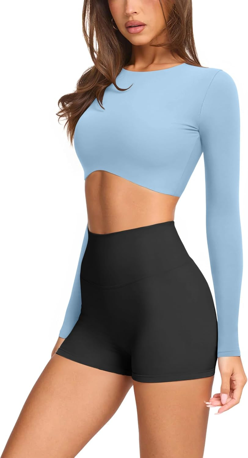 Womens Sexy Double Lined Long Sleeve Shirts Crewneck Workout Tops Athletic Yoga Shirts Going Out Crop Tops