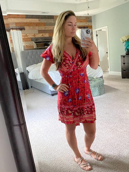 Women Boho Dress Summer Bohemian Wrap Dresses Floral V-Neck Short Sleeve Beach Mini Dress S-XL