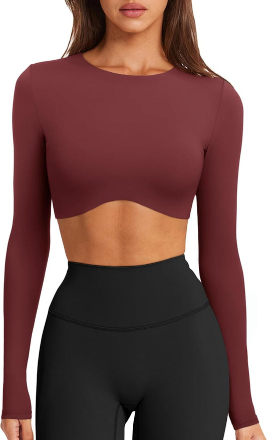 Womens Sexy Double Lined Long Sleeve Shirts Crewneck Workout Tops Athletic Yoga Shirts Going Out Crop Tops