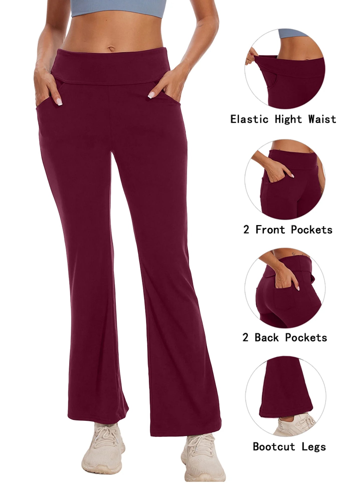 Womens Bootcut Yoga Pants Flare Legging with Pockets High Waist Lightweight Bottoms Workout Activewear Dark Red 2XL