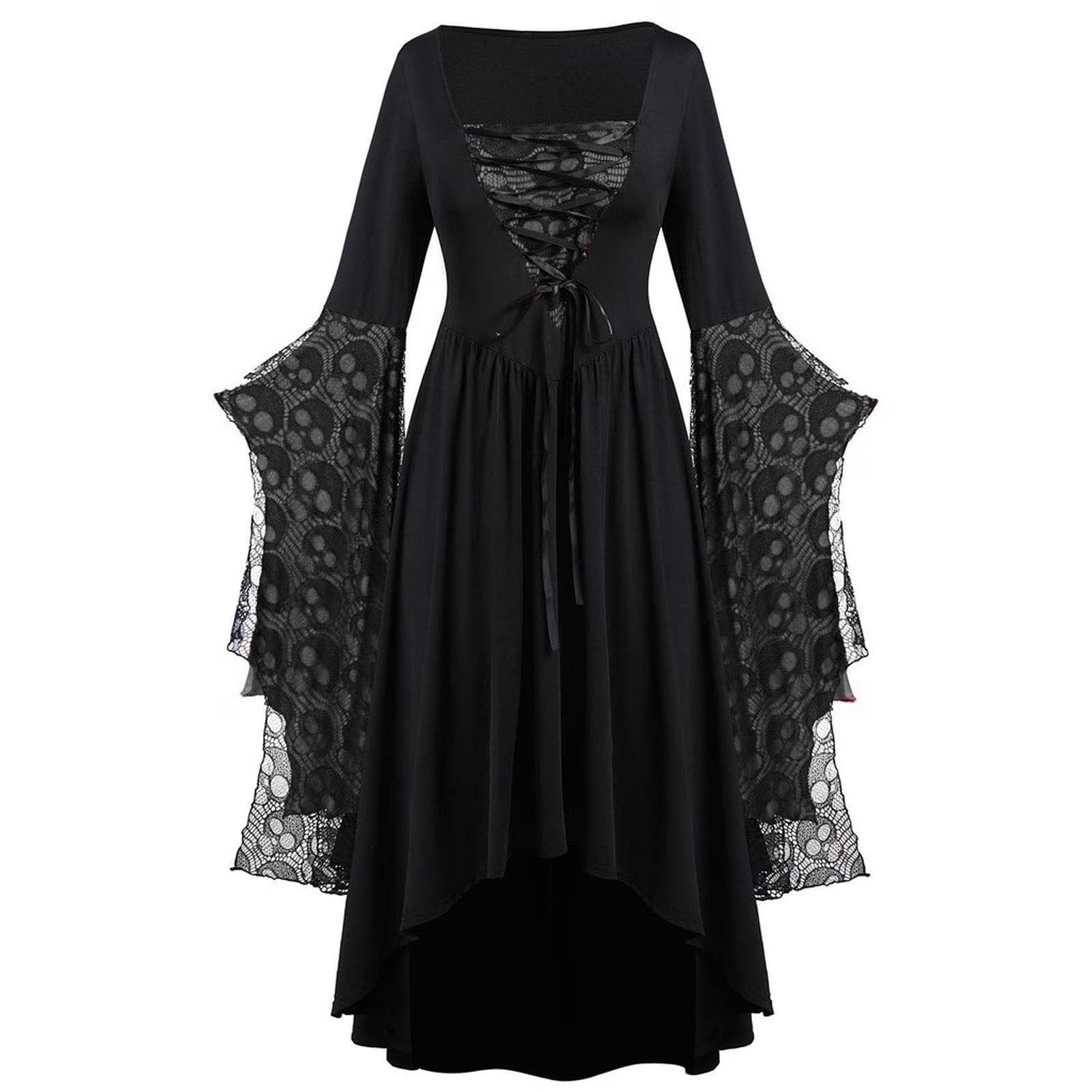 Womens Gothic Dress plus Size Flare Sleeve Dress Skull Lace Print Steampunk Dresses Cocktail Dresses Flowy Goth Corset Dress Maxi Wedding Guest Dresses Holi