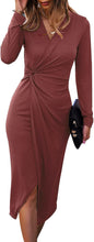 Women'S Long Sleeve Dress: Midi Casual V Neck Twist Waist Ribbed Knit Bodycon Slit Cocktail Party Dresses