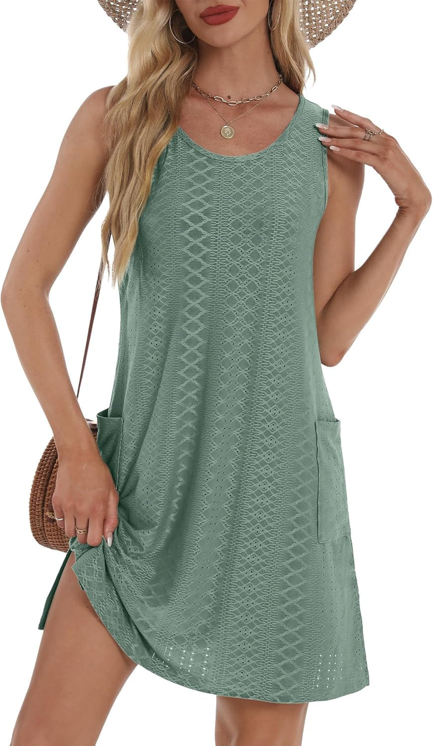 Coverup Summer Dresses for Women 2026 Eyelet Casual Loose Sleeveless Sundresses Tank Dresses with Pockets