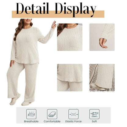Womens plus Size Two Piece Lounge Sets Long Sleeve Wide Leg Pants Homewear Pajamas Set with Pocket (1X-5X)